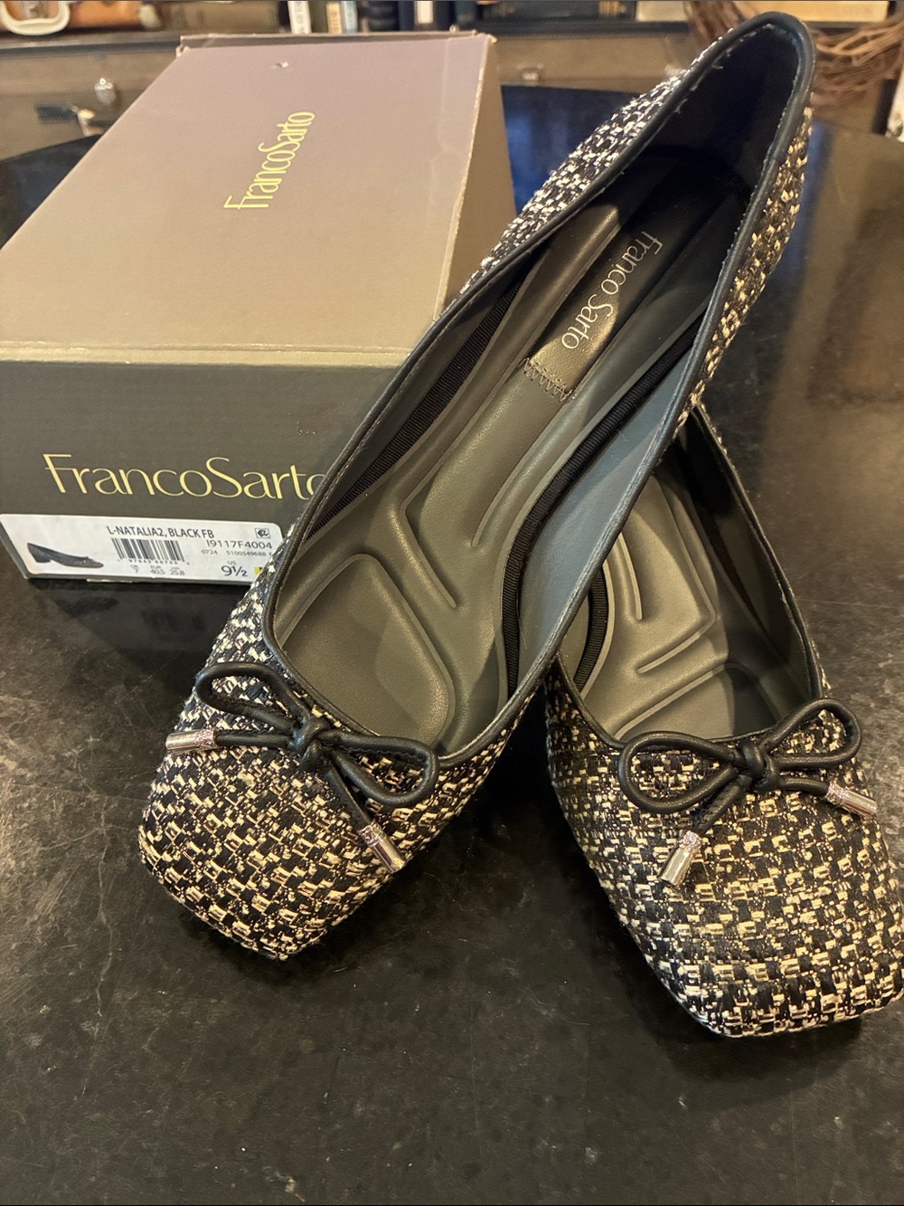 *NEW* Franco Sarto Black & Cream Tweed Ballet Heels with Bow Sz 9.5